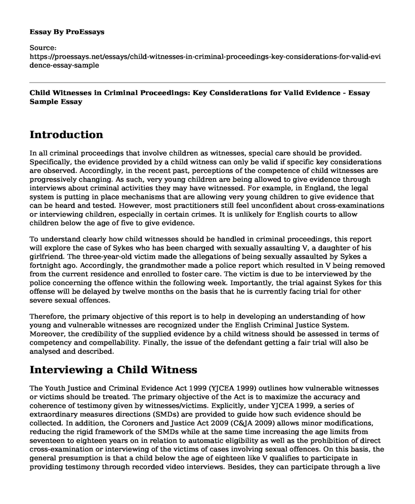 Child Witnesses in Criminal Proceedings: Key Considerations for Valid Evidence - Essay Sample