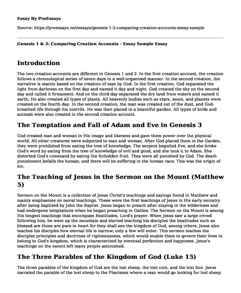 Genesis 1 & 2: Comparing Creation Accounts - Essay Sample