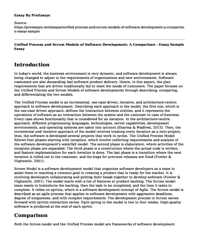 Unified Process and Scrum Models of Software Development: A Comparison - Essay Sample