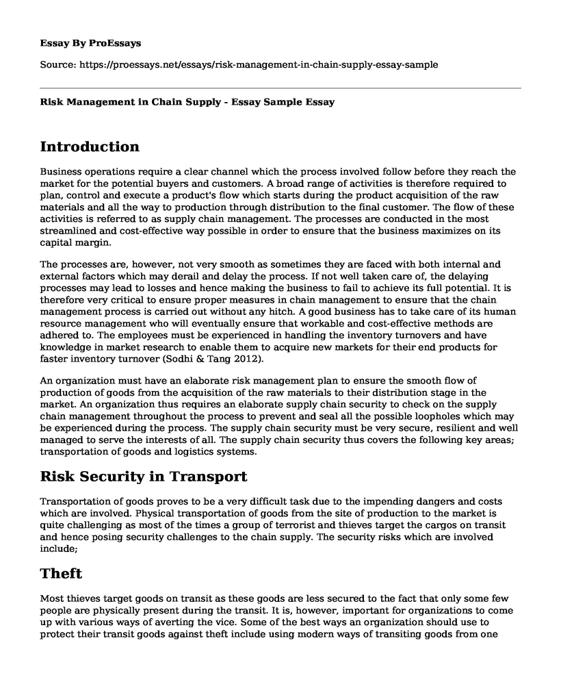 Risk Management in Chain Supply - Essay Sample 