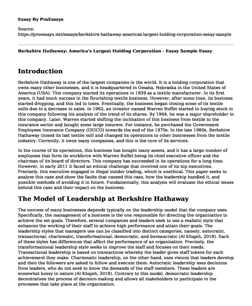 Berkshire Hathaway: America's Largest Holding Corporation - Essay Sample
