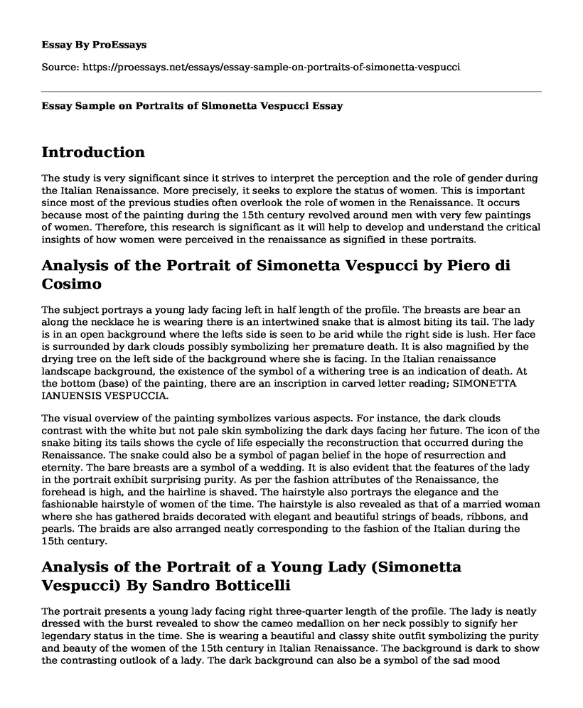 Essay Sample on Portraits of Simonetta Vespucci
