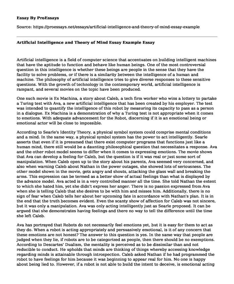 Artificial Intelligence and Theory of Mind Essay Example