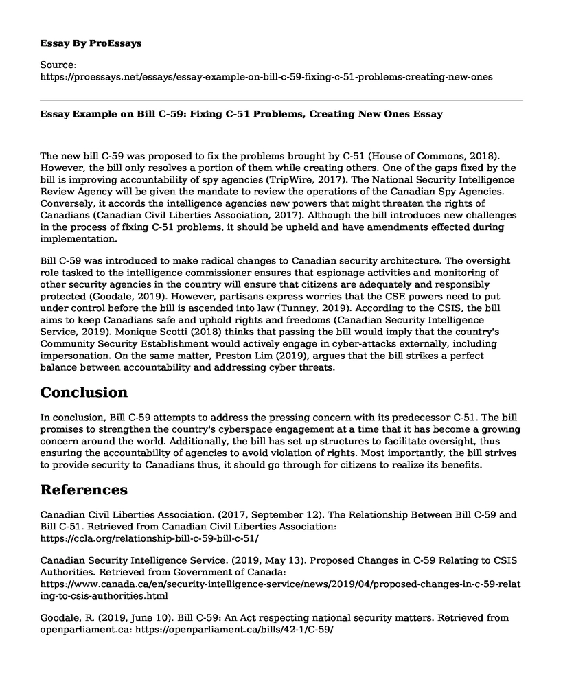 Essay Example on Bill C-59: Fixing C-51 Problems, Creating New Ones