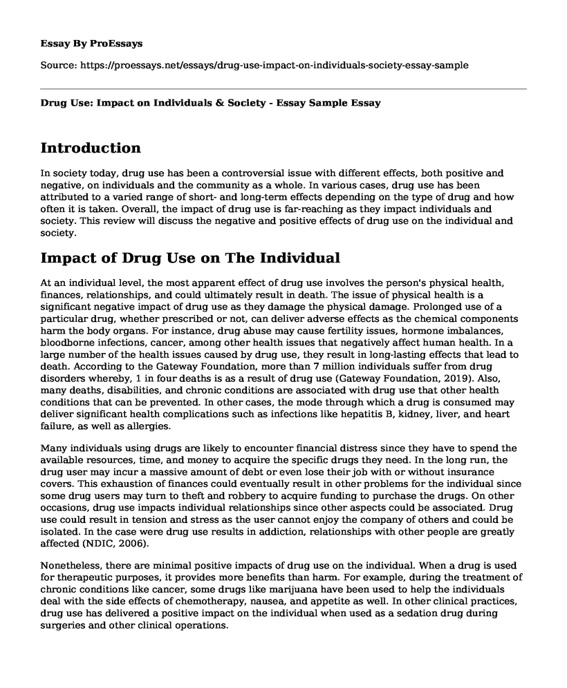 Drug Use: Impact on Individuals & Society - Essay Sample