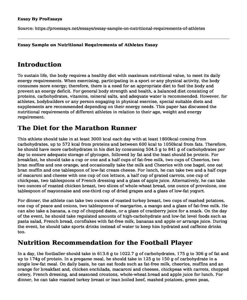 Essay Sample on Nutritional Requirements of Athletes