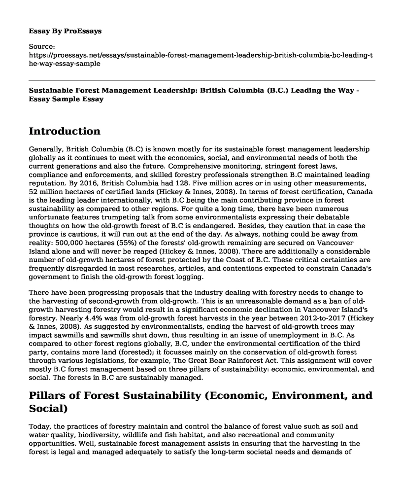 Sustainable Forest Management Leadership: British Columbia (B.C.) Leading the Way - Essay Sample