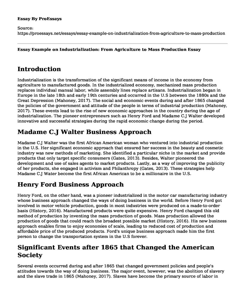 Essay Example on Industrialization: From Agriculture to Mass Production