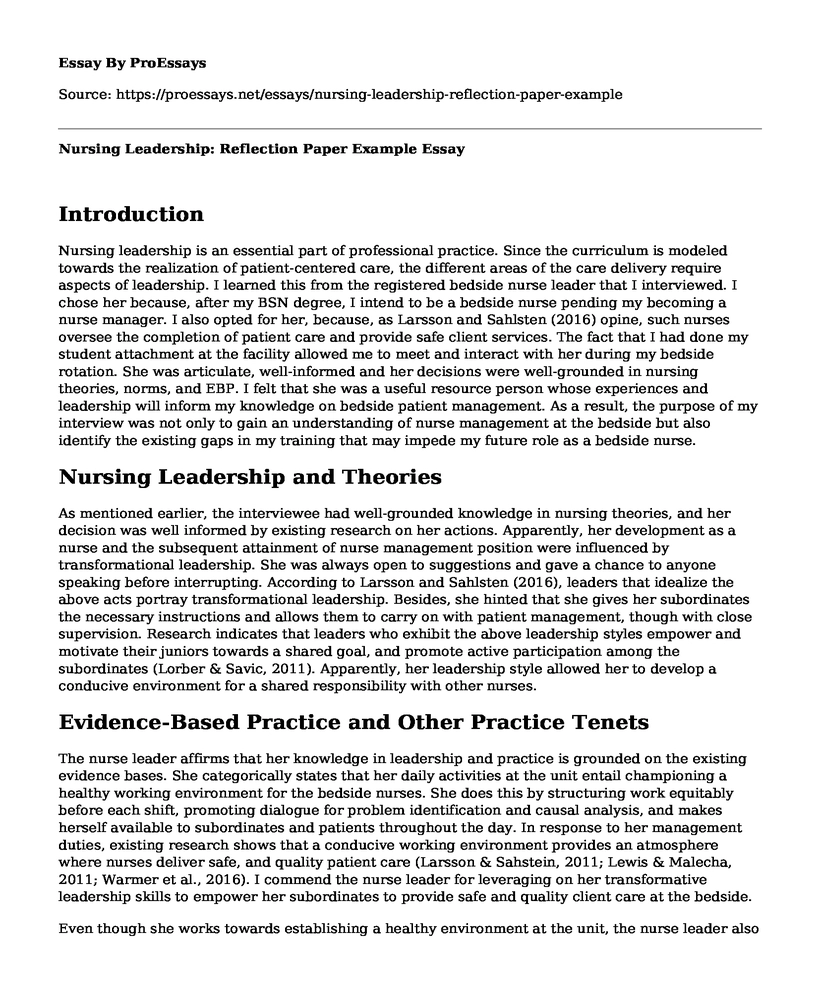 Nursing Leadership: Reflection Paper Example