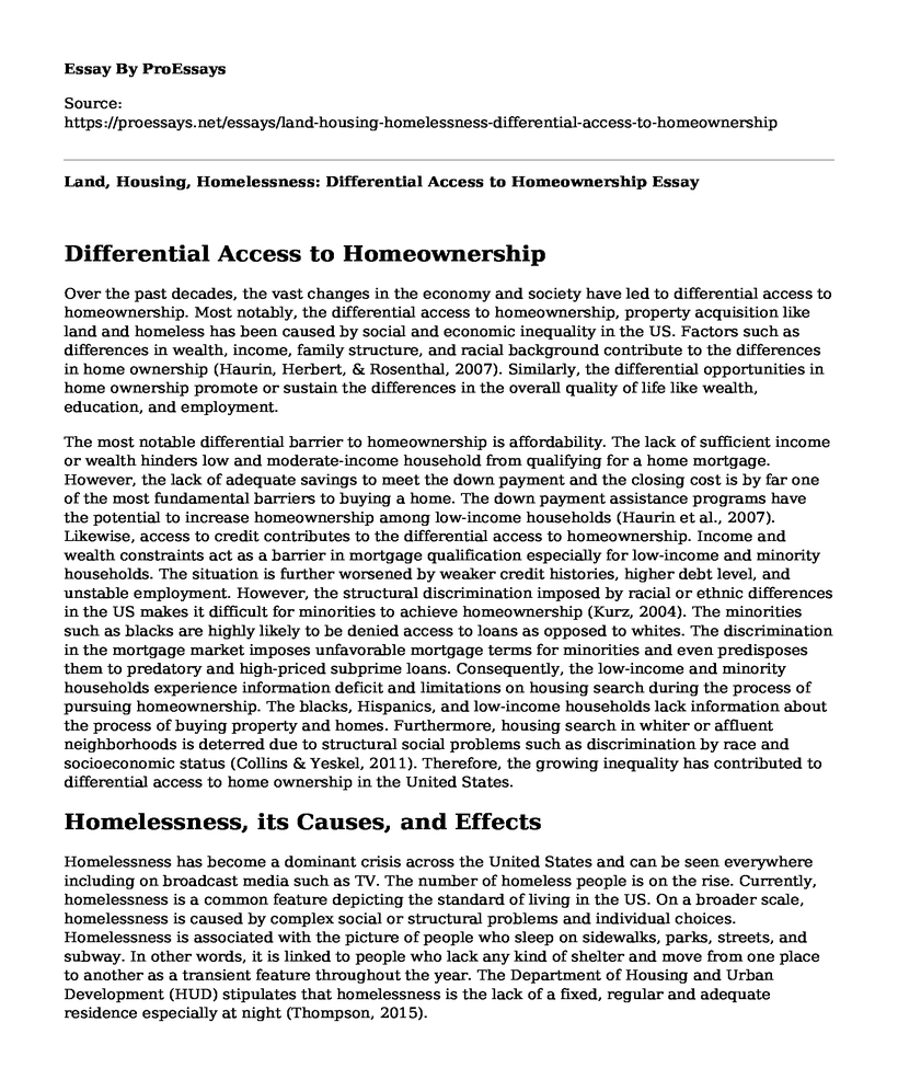 Land, Housing, Homelessness: Differential Access to Homeownership