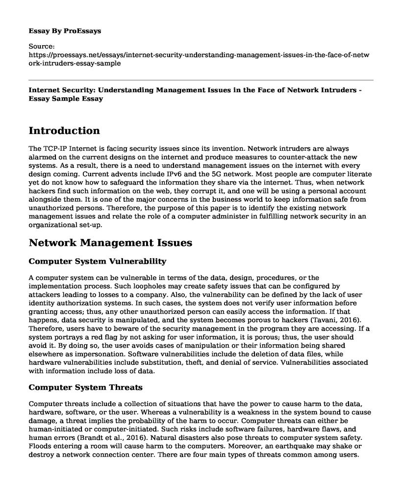 Internet Security: Understanding Management Issues in the Face of Network Intruders - Essay Sample
