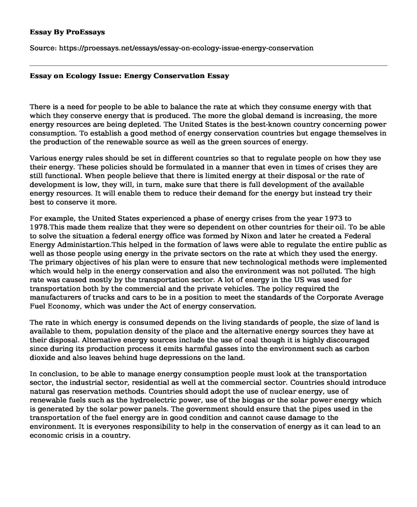 Essay on Ecology Issue: Energy Conservation