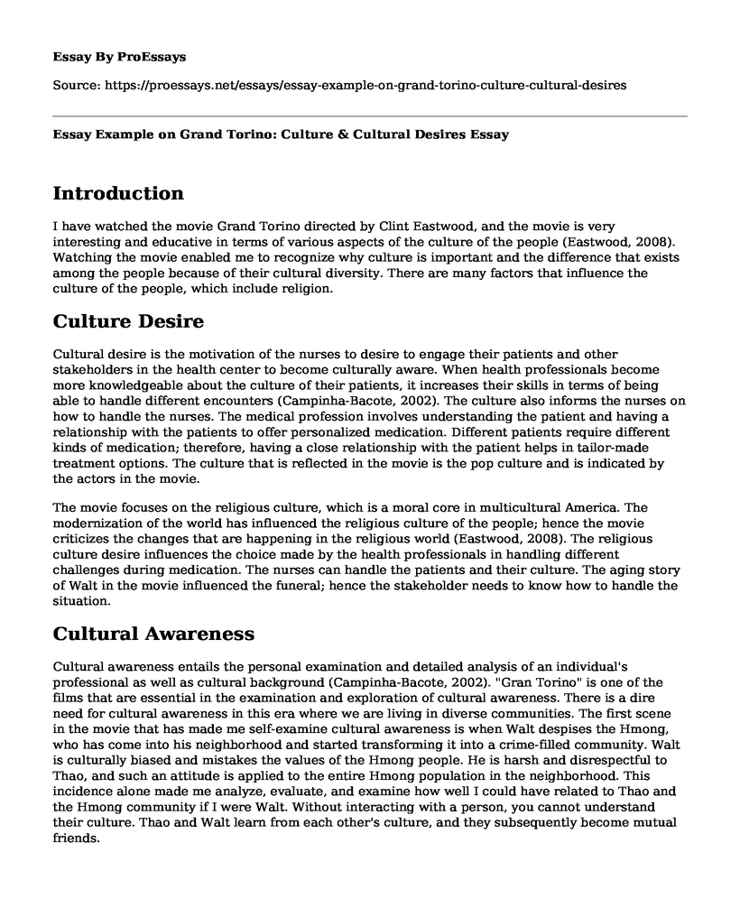 Essay Example on Grand Torino: Culture & Cultural Desires