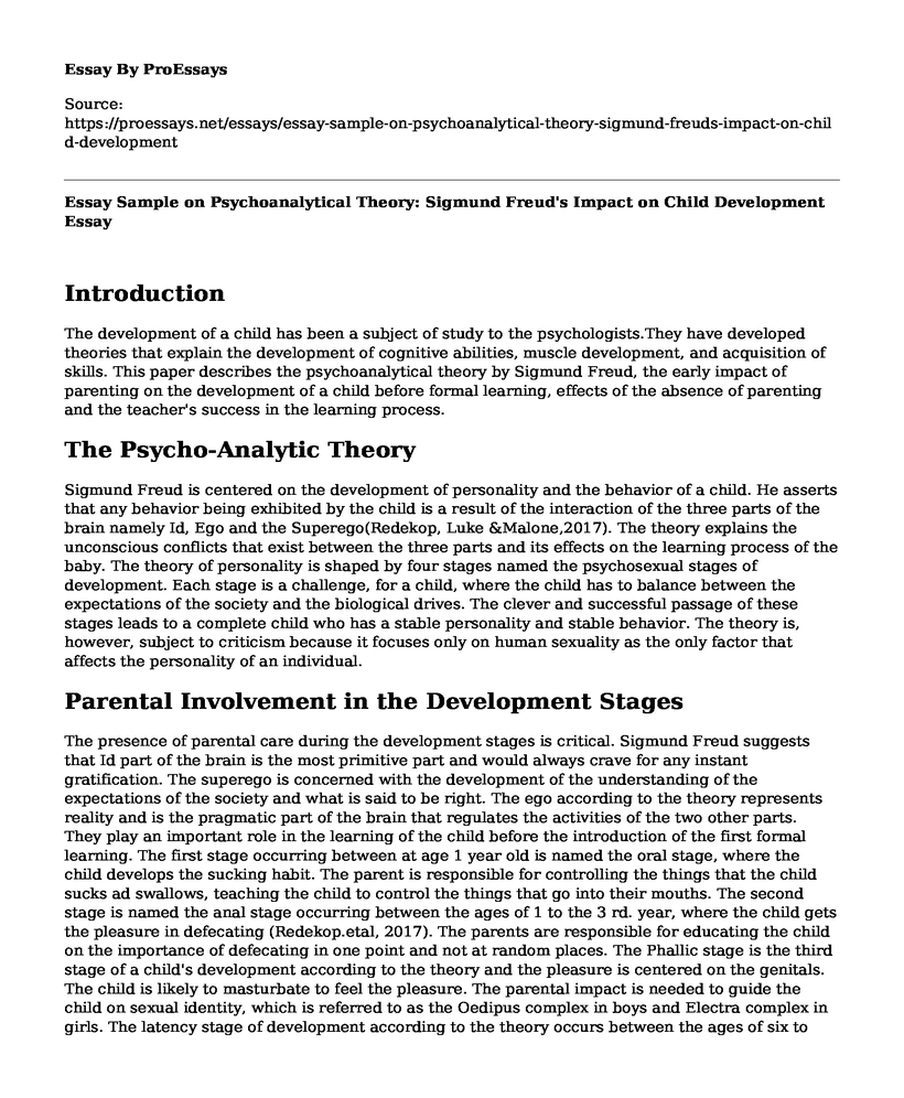 Essay Sample on Psychoanalytical Theory: Sigmund Freud's Impact on Child Development