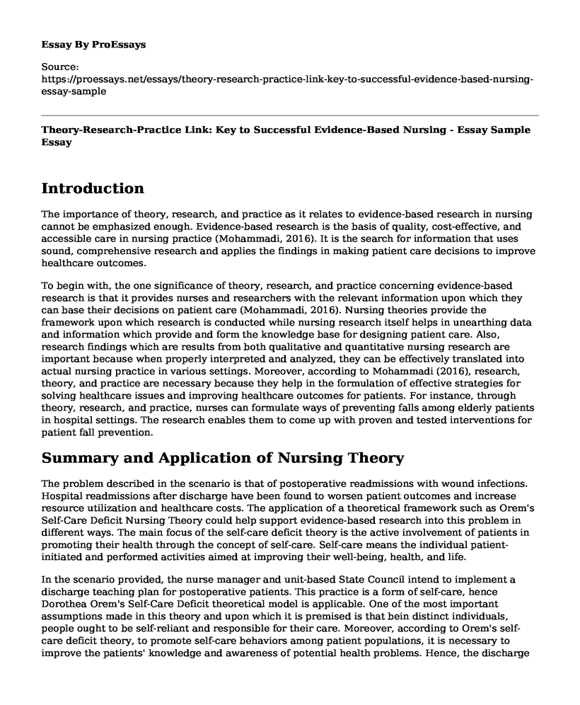 Theory-Research-Practice Link: Key to Successful Evidence-Based Nursing - Essay Sample