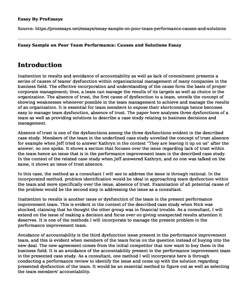 Essay Sample on Poor Team Performance: Causes and Solutions