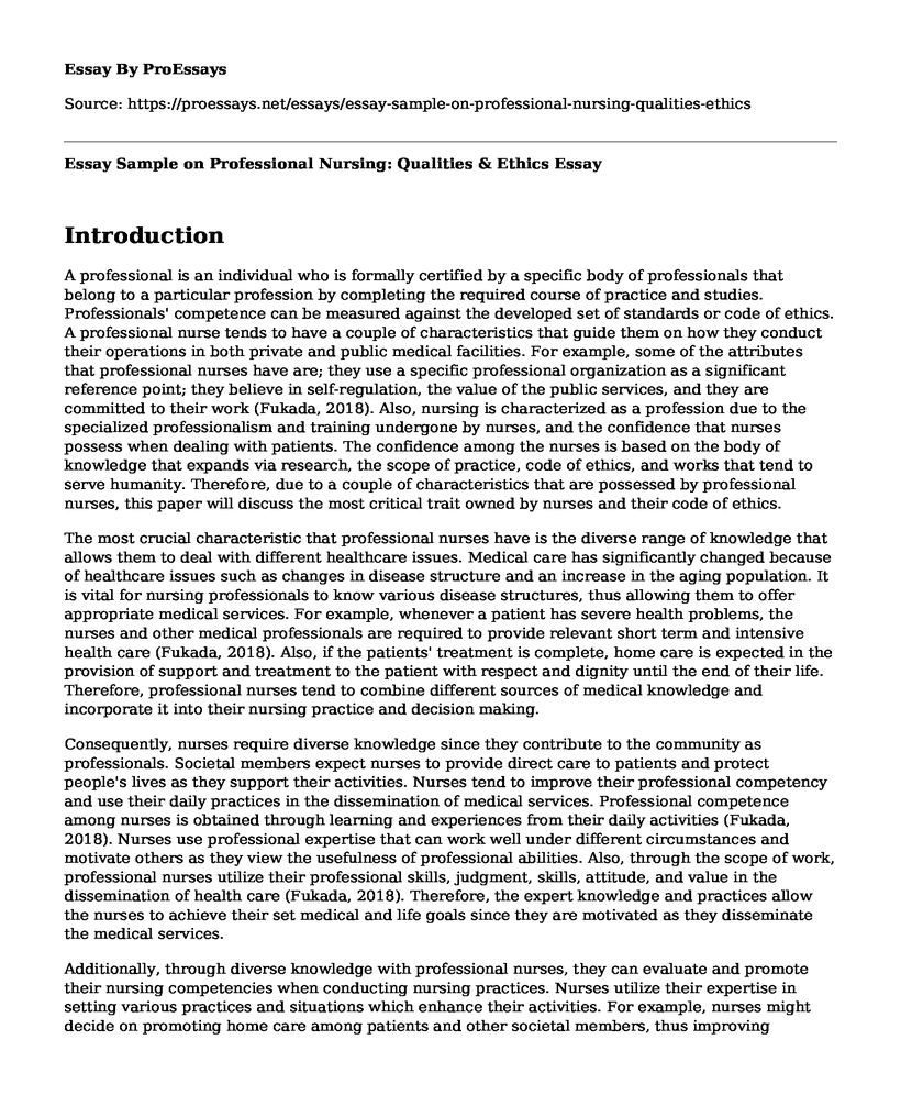 Essay Sample on Professional Nursing: Qualities & Ethics