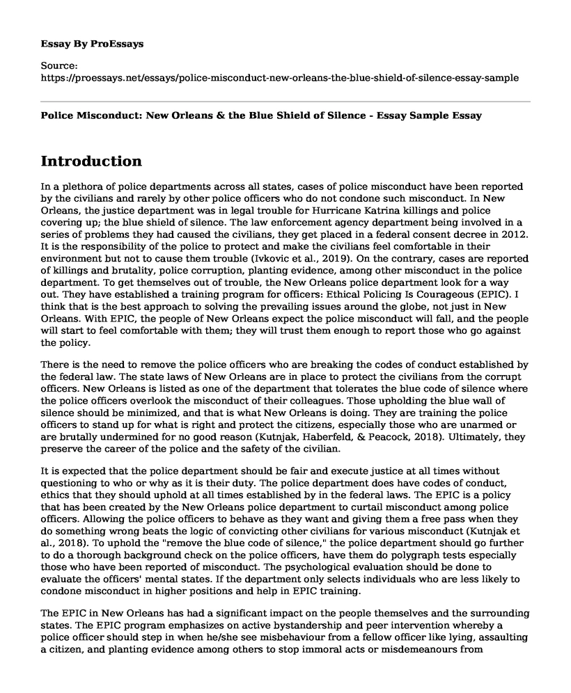 Police Misconduct: New Orleans & the Blue Shield of Silence - Essay Sample