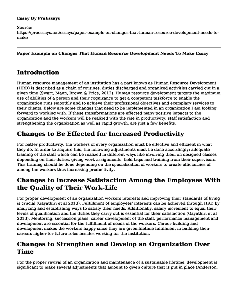 Paper Example on Changes That Human Resource Development Needs To Make