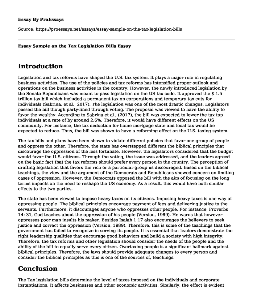 Essay Sample on the Tax Legislation Bills