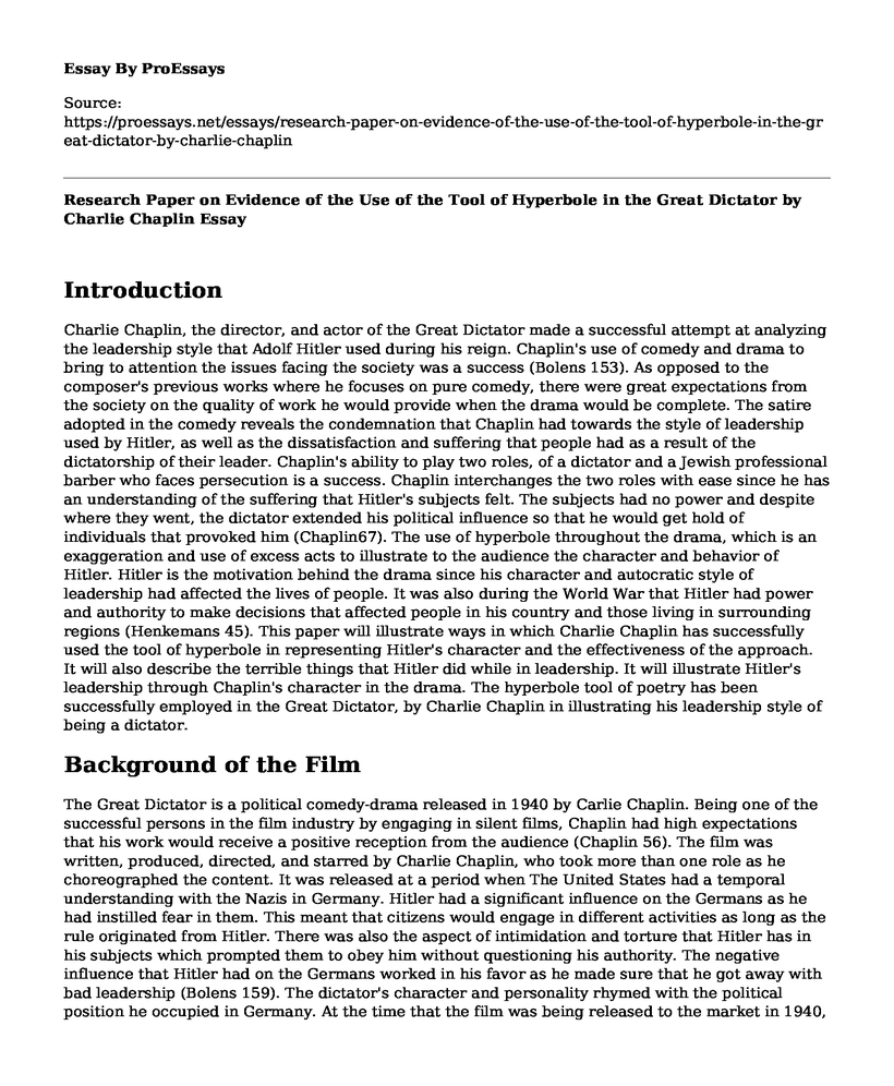 Research Paper on Evidence of the Use of the Tool of Hyperbole in the Great Dictator by Charlie Chaplin