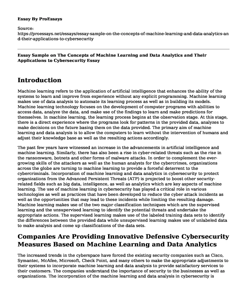 Essay Sample on The Concepts of Machine Learning and Data Analytics and Their Applications to Cybersecurity