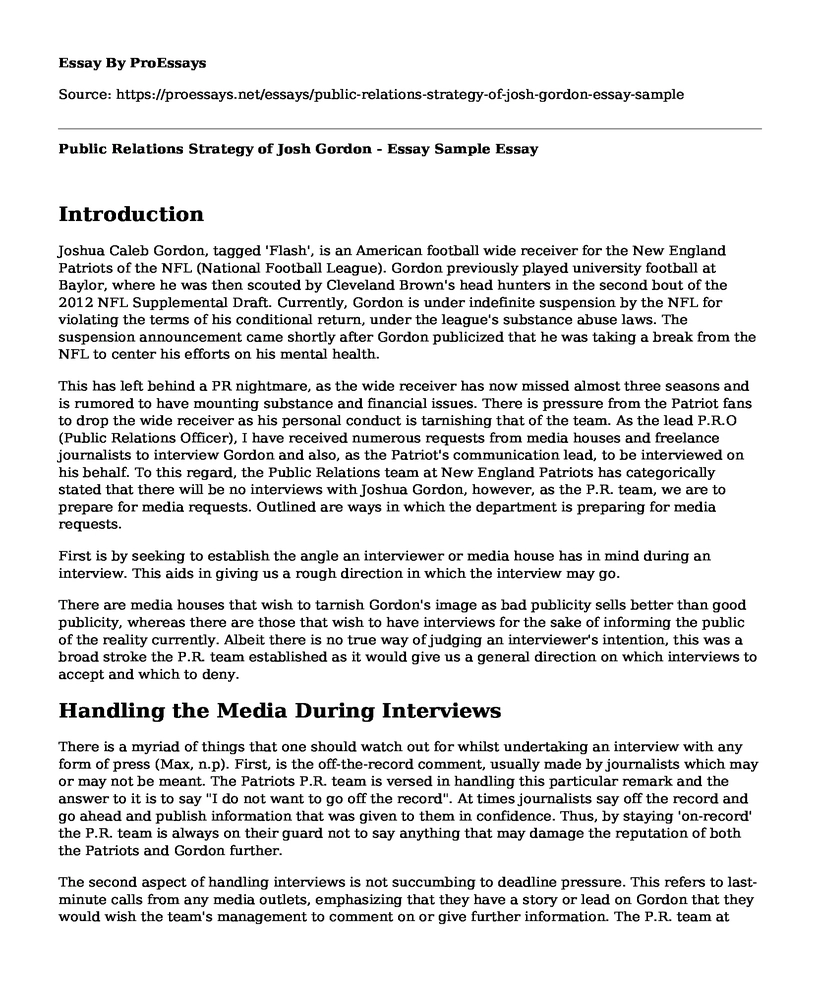 Public Relations Strategy of Josh Gordon - Essay Sample