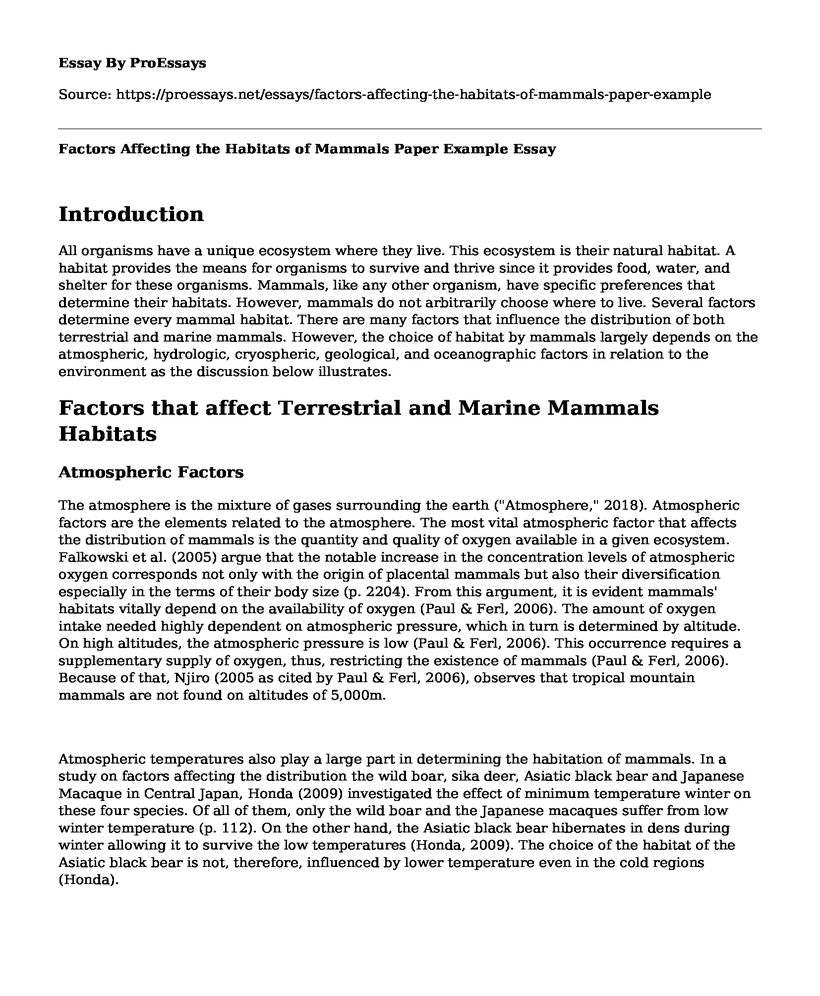 Factors Affecting the Habitats of Mammals Paper Example