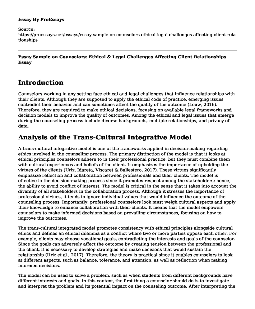 Essay Sample on Counselors: Ethical & Legal Challenges Affecting Client Relationships