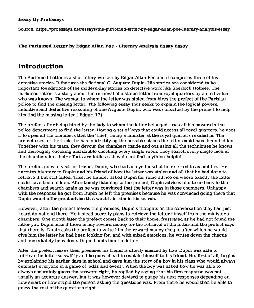 The Purloined Letter by Edgar Allan Poe - Literary Analysis Essay