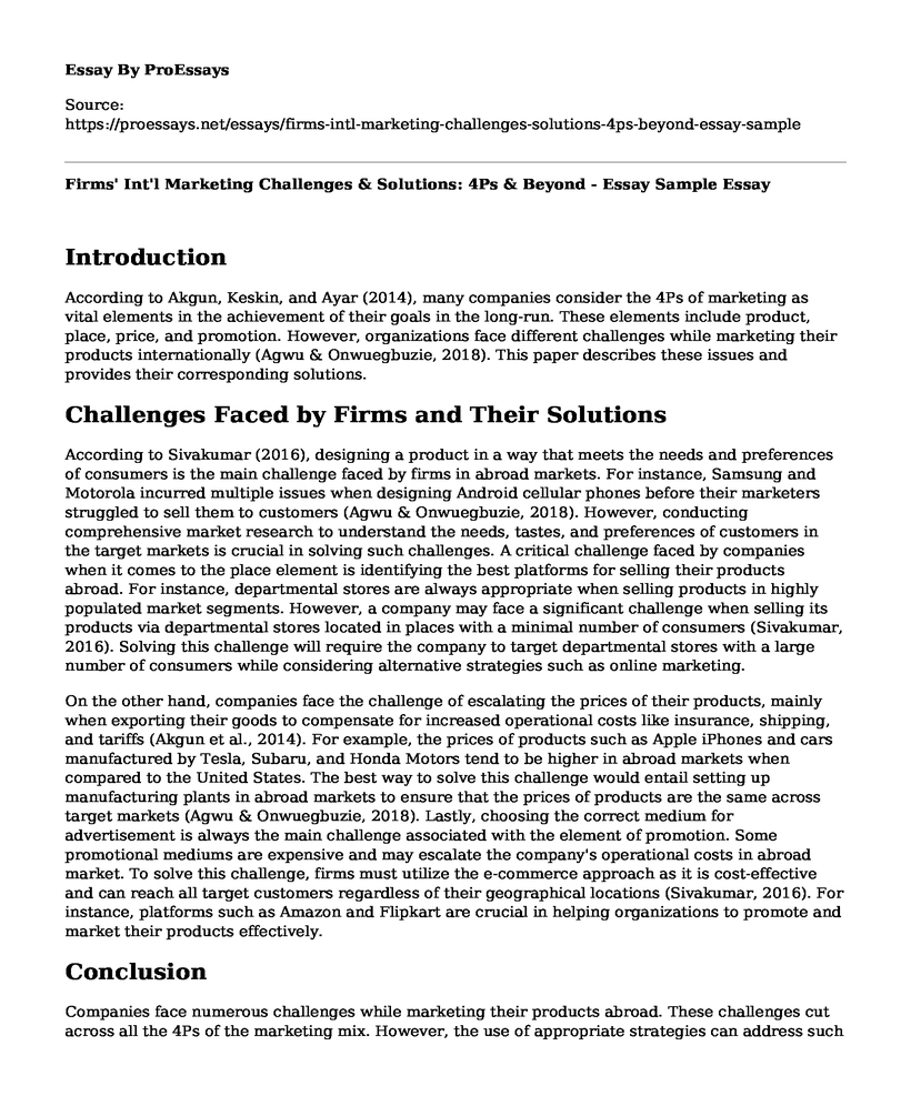 Firms' Int'l Marketing Challenges & Solutions: 4Ps & Beyond - Essay Sample