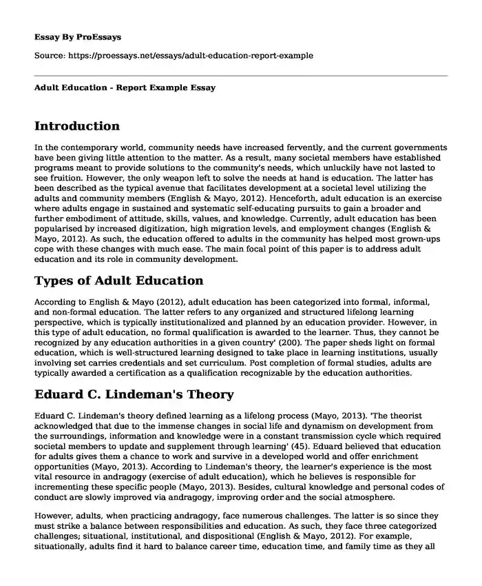 Adult Education - Report Example