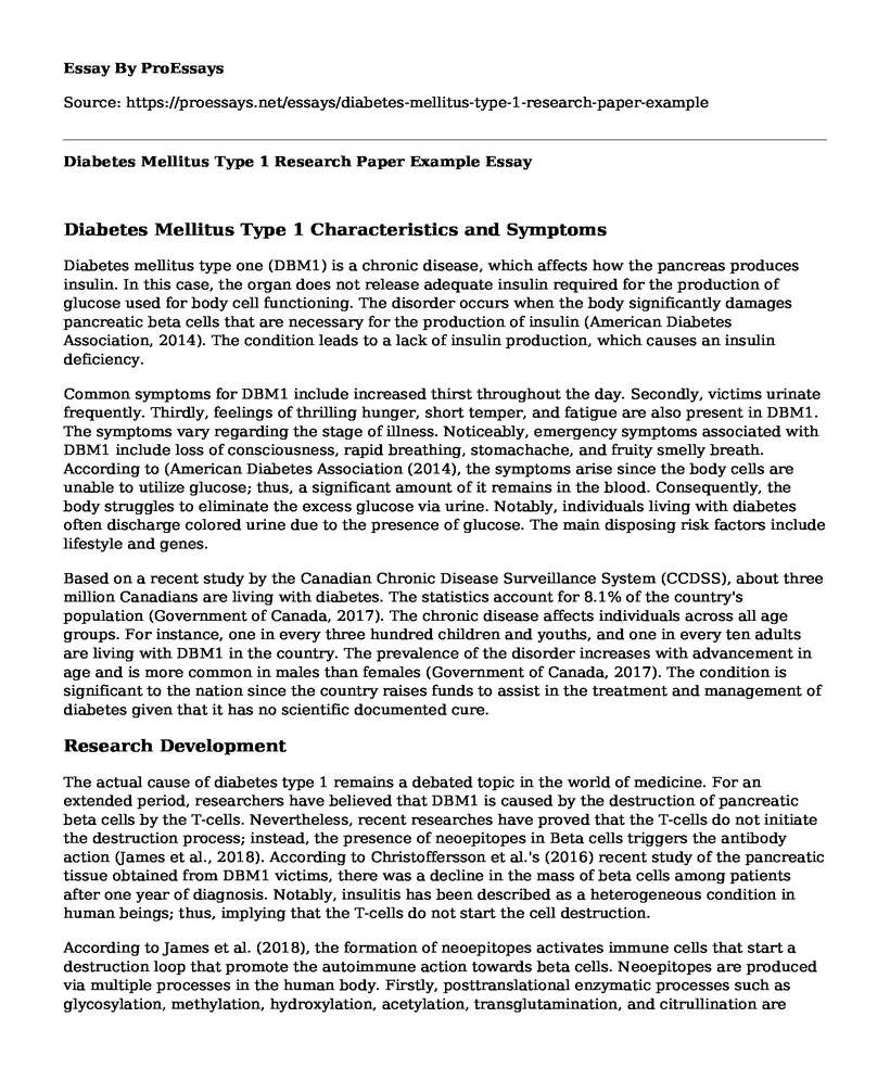 Diabetes Mellitus Type 1 Research Paper Example