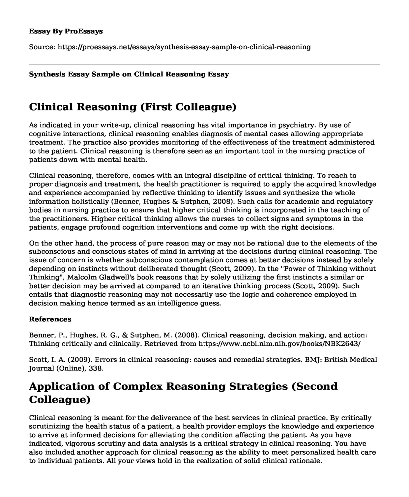 Synthesis Essay Sample on Clinical Reasoning
