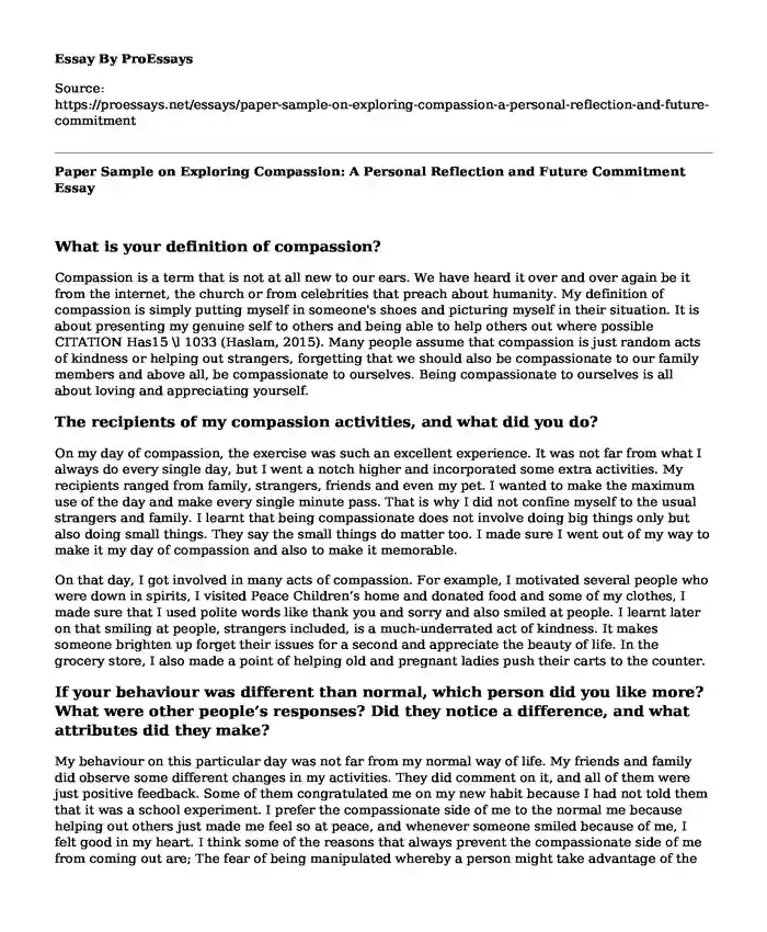 Paper Sample on Exploring Compassion: A Personal Reflection and Future Commitment