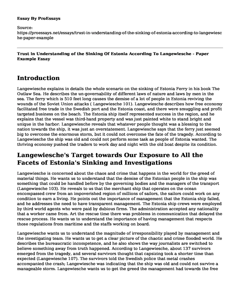 Trust in Understanding of the Sinking Of Estonia According To Langewiesche - Paper Example
