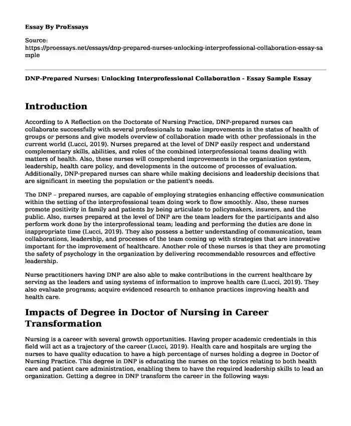 DNP-Prepared Nurses: Unlocking Interprofessional Collaboration - Essay Sample