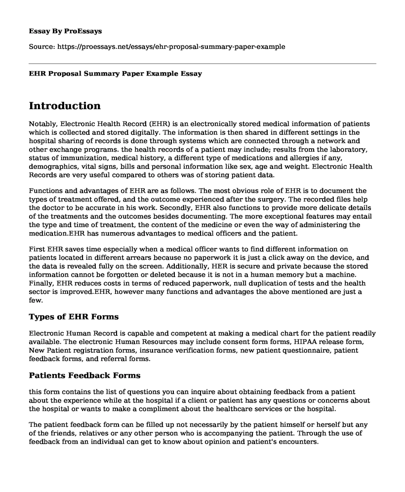 EHR Proposal Summary Paper Example
