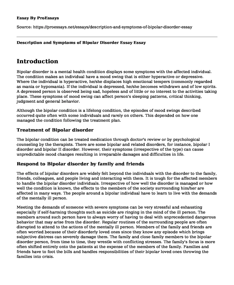 Description and Symptoms of Bipolar Disorder Essay