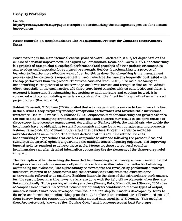 Paper Example on Benchmarking: The Management Process for Constant Improvement