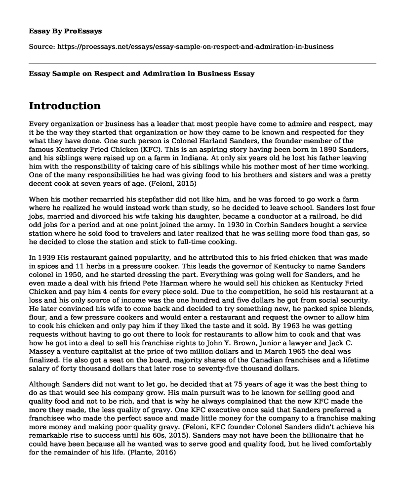 Essay Sample on Respect and Admiration in Business