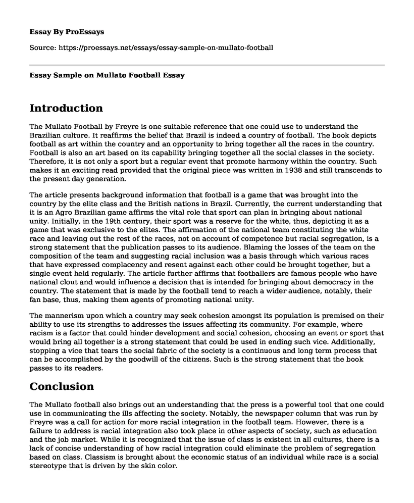 Essay Sample on Mullato Football