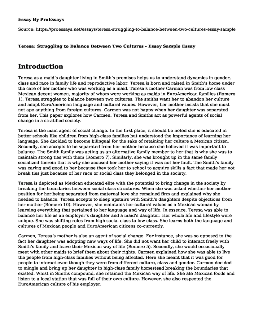 Teresa: Struggling to Balance Between Two Cultures - Essay Sample