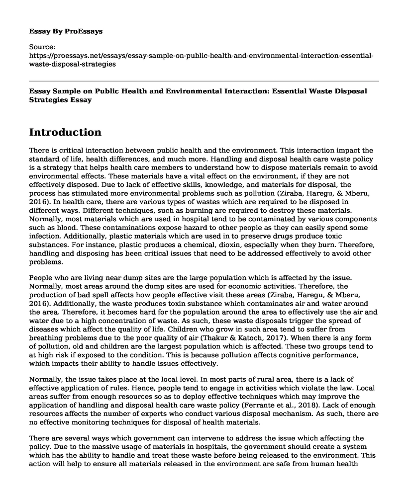 Essay Sample on Public Health and Environmental Interaction: Essential Waste Disposal Strategies