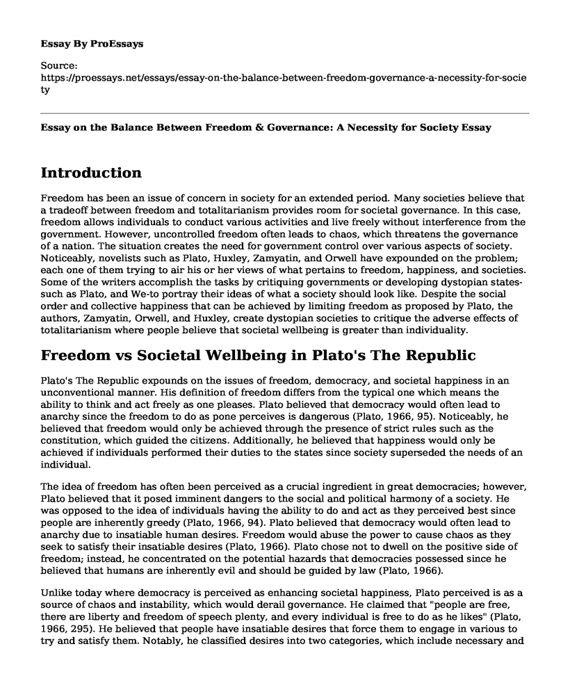 Essay on the Balance Between Freedom & Governance: A Necessity for Society