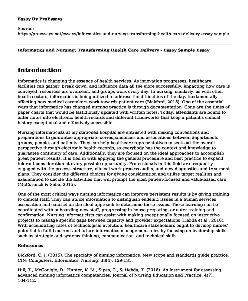 Informatics and Nursing: Transforming Health Care Delivery - Essay Sample