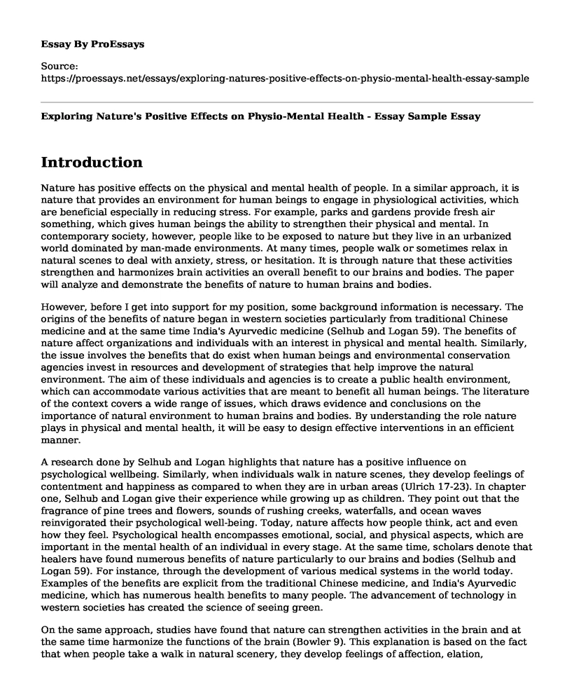 Exploring Nature's Positive Effects on Physio-Mental Health - Essay Sample