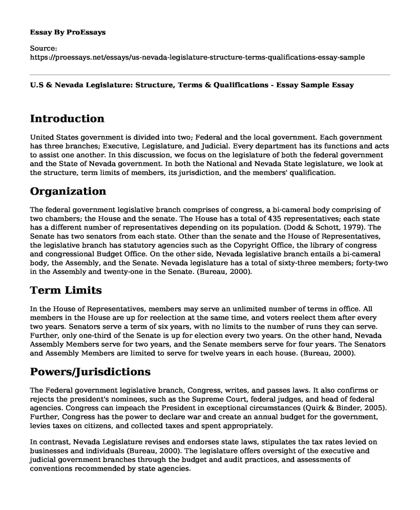 U.S & Nevada Legislature: Structure, Terms & Qualifications - Essay Sample