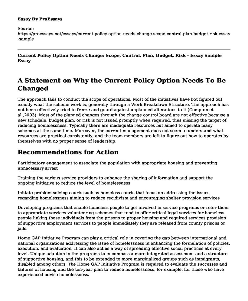 Current Policy Option Needs Change: Scope, Control, Plan, Budget, Risk - Essay Sample