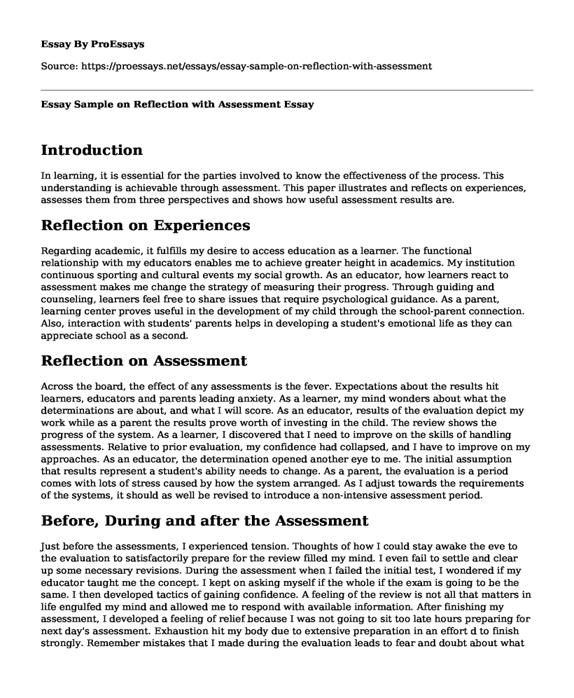 Essay Sample on Reflection with Assessment